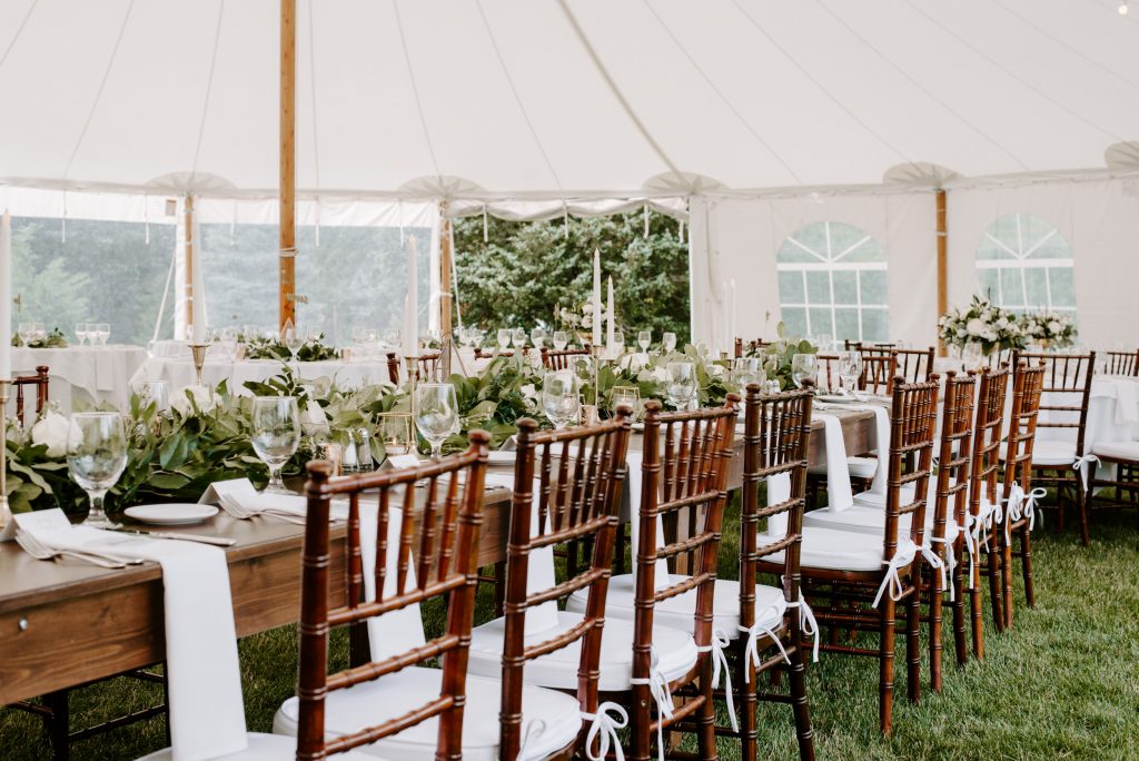 A wedding reception table with greenery. Wedding planning during COVID-19 | Hope Allison Photography Boston wedding photographer