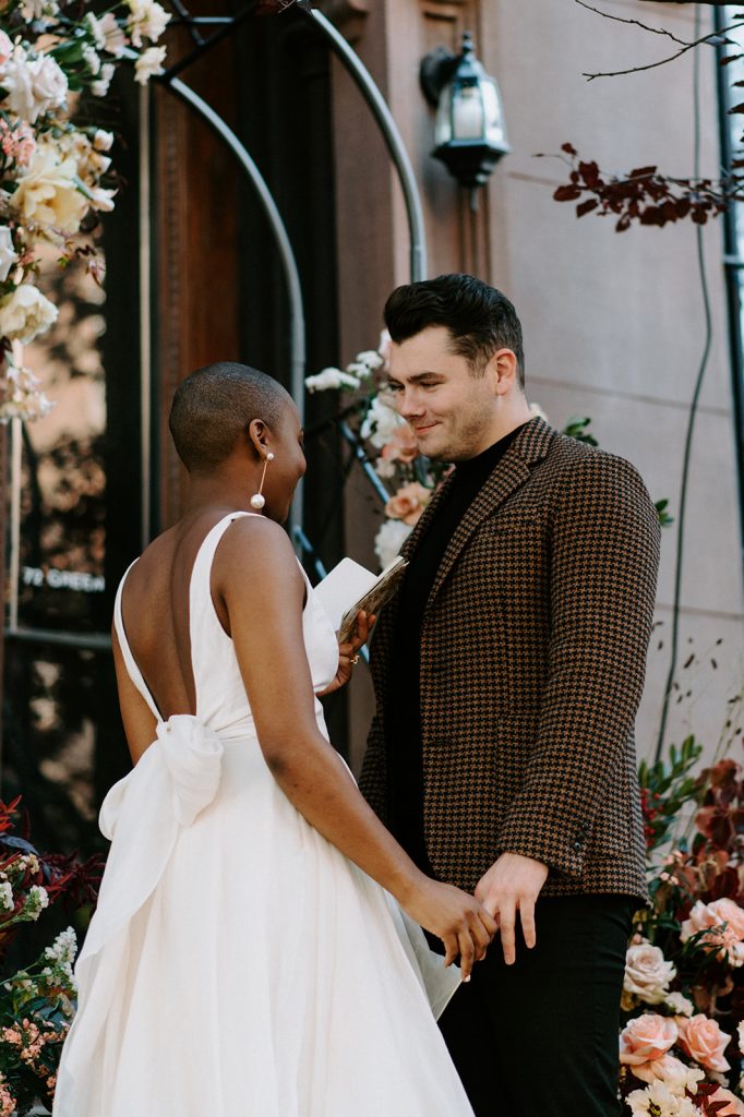 Brooklyn brownstone styled elopement floral stoop install bride and groom private vows
