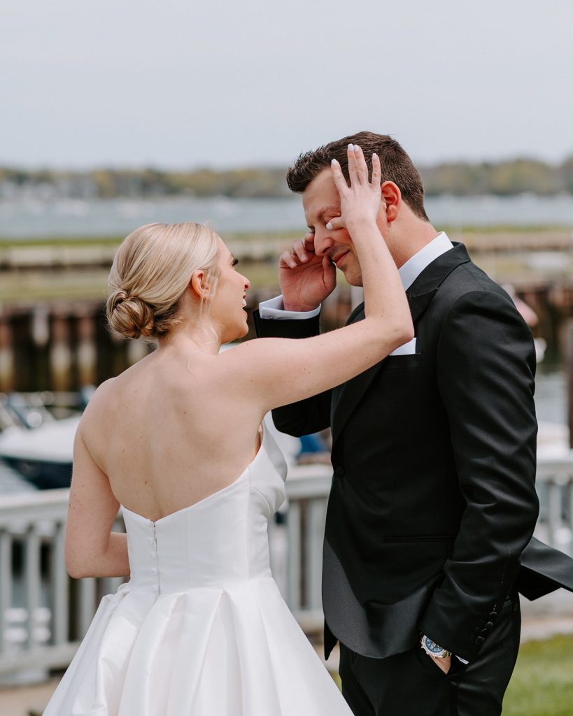 modern wedding at the crane estate bride and groom first look